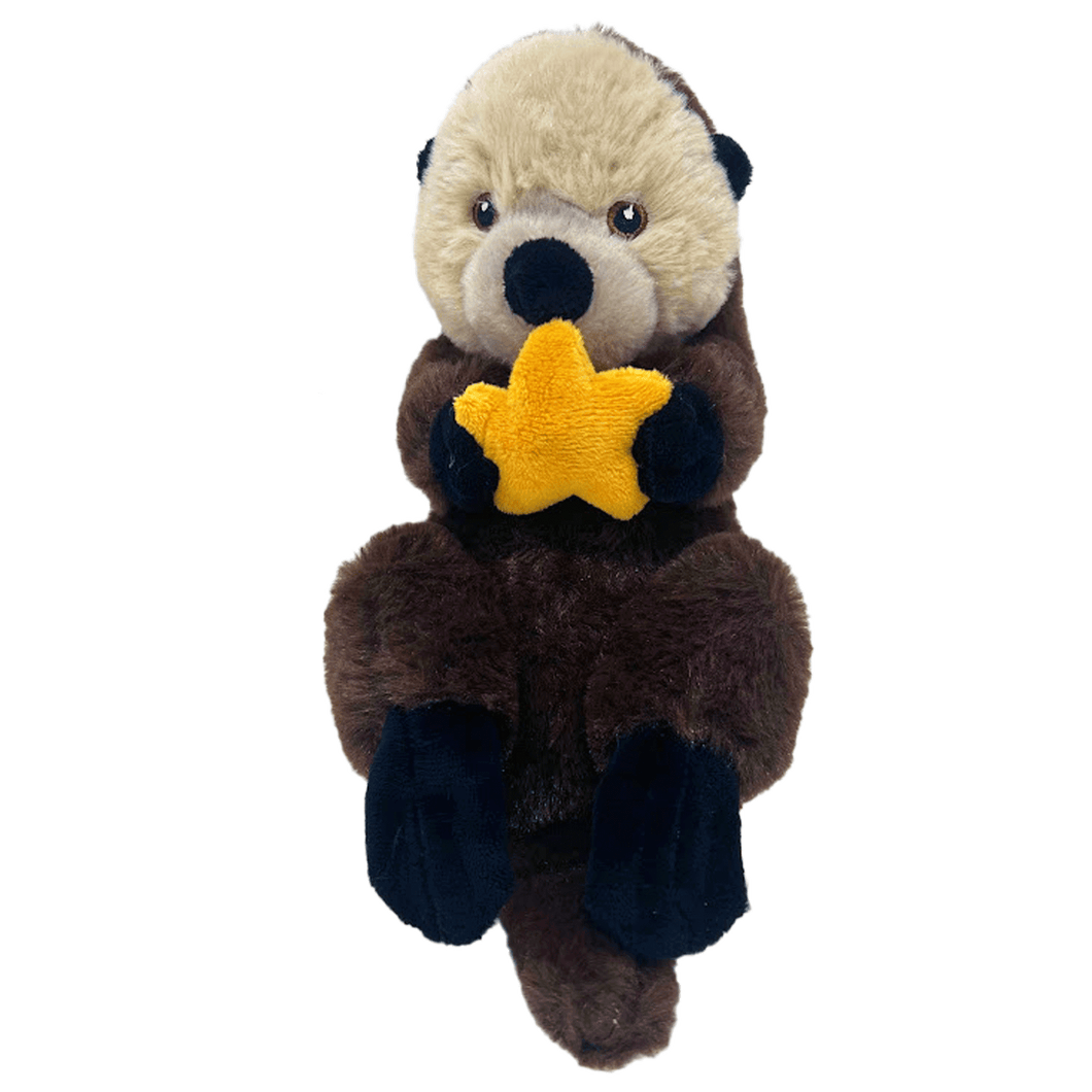 Sea otter plush with embroidered eyes, light brown and dark brown fur, black paws, holding and orange seastar.