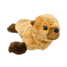 Load image into Gallery viewer, Plush sea lion with light brown fur on the body and dark brown fur on the flippers and ears.  Black thread embroidered eyes.
