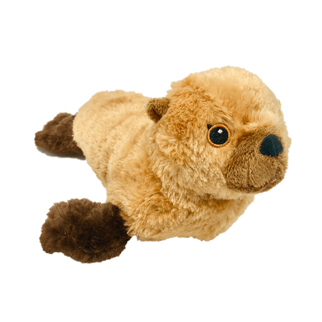 Plush sea lion with light brown fur on the body and dark brown fur on the flippers and ears.  Black thread embroidered eyes.