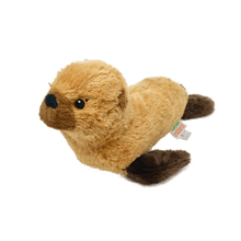 Load image into Gallery viewer, Plush sea lion with light brown fur on the body and dark brown fur on the flippers and ears.  Black thread embroidered eyes.
