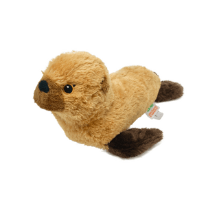 Plush sea lion with light brown fur on the body and dark brown fur on the flippers and ears.  Black thread embroidered eyes.