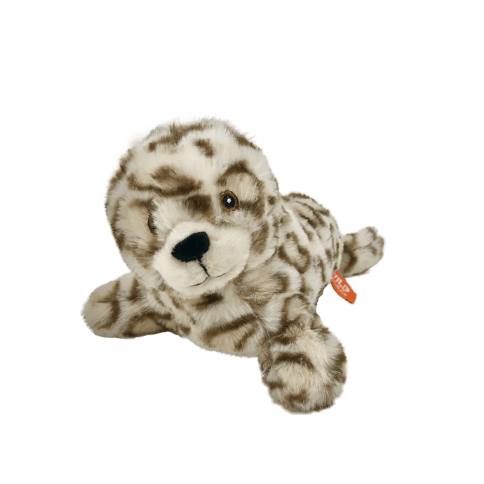 Tan harbor seal plush with brown spots and embroidered eyes viewed from the front