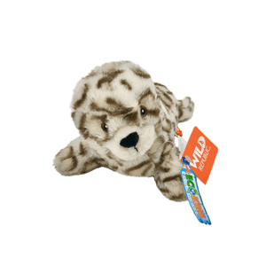 Tan harbor seal plush with brown spots and embroidered eyes viewed from the front. Tags in orange and depicting a water bottle say "EcoKins" and "Wild Republic".