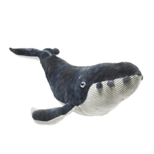 Load image into Gallery viewer, Whale plush with a dark grey back and light grey, ribbed underside.
