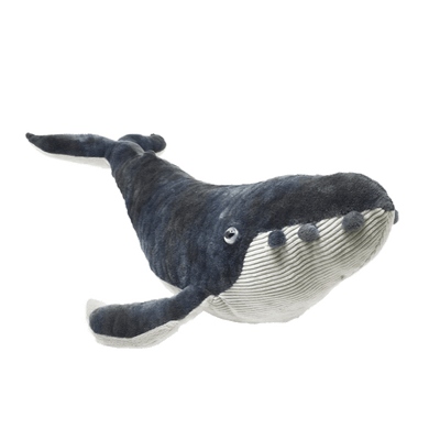 Whale plush with a dark grey back and light grey, ribbed underside.