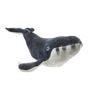 Whale plush with a dark grey back and light grey, ribbed underside.