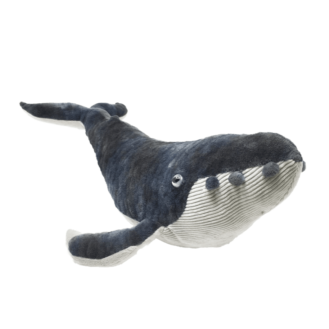 Whale plush with a dark grey back and light grey, ribbed underside.