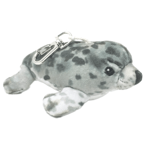 small gray spotted plush harbor seal on metal keychain clip