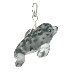 small gray spotted plush harbor seal on metal keychain clip