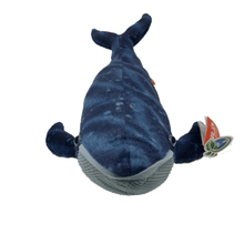 Load image into Gallery viewer, A front view of a whale plush with dark blue, speckled back and light blue, ribbed underside. The orange paper tag is visible on the left flipper and the eyes have black pupils and a blue-glassy finish.
