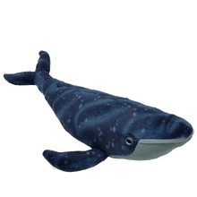 Load image into Gallery viewer, An angled view of a whale plush with dark blue, speckled back and light blue, ribbed underside.

