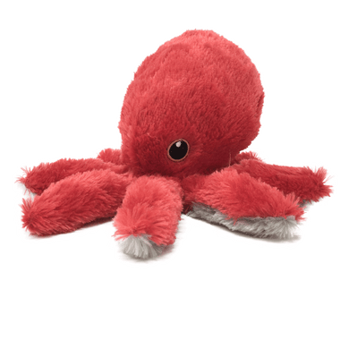 Primarily red with grey underside plush octopus with embroidered eyes.