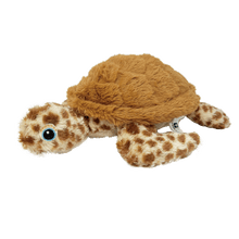 Load image into Gallery viewer, Plush loggerhead sea turtle with camel brown shell and spotted head and flippers, blue  and black embroidered eyes, laying on it&#39;s plastron at a diagonal angle.
