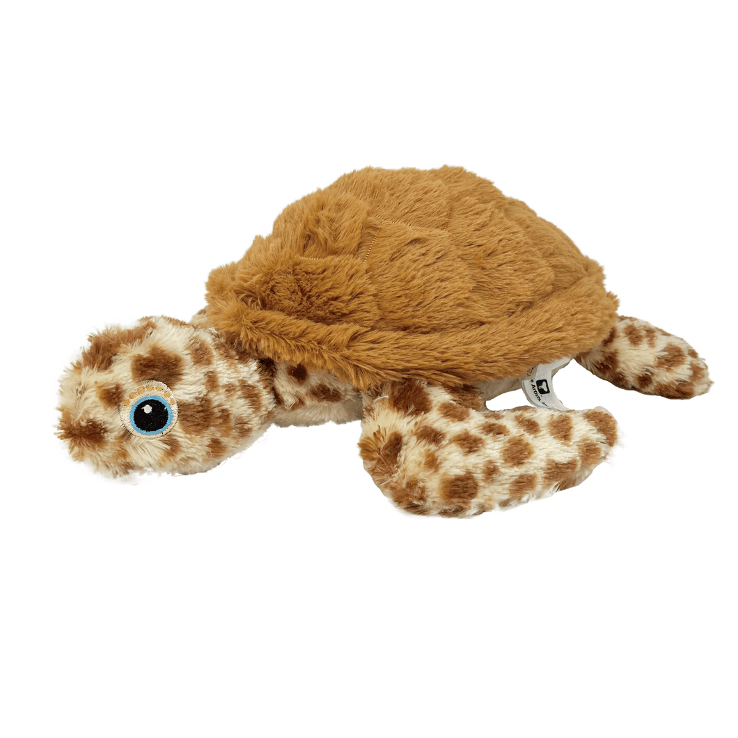 Plush loggerhead sea turtle with camel brown shell and spotted head and flippers, blue  and black embroidered eyes, laying on it's plastron at a diagonal angle.
