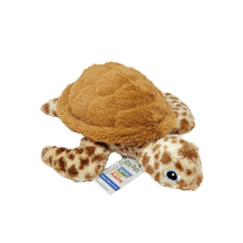 Load image into Gallery viewer, Plush loggerhead sea turtle with camel brown shell and spotted head and flippers, blue and black embroidered eyes, laying on it&#39;s plastron at a diagonal upwards angle.
