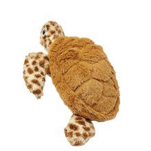 Load image into Gallery viewer, Plush loggerhead sea turtle with camel brown shell and spotted head and flippers, blue and black embroidered eyes, facing backwards.
