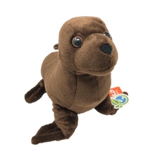 Load image into Gallery viewer, Front view of a dark brown plush sea lion with plastic eyes and orange and green tag.
