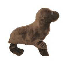 Load image into Gallery viewer, Side view of a dark brown plush sea lion with plastic eyes.
