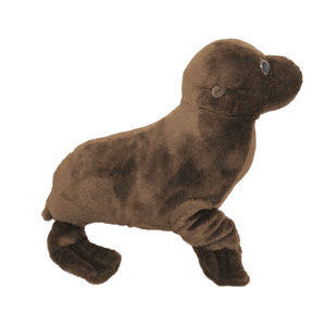 Side view of a dark brown plush sea lion with plastic eyes.