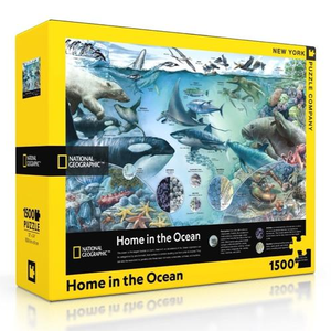 "Home in the Ocean" puzzle box with yellow border, National Geographic logo, a multi-ecosystem ocean image on the front, light blue in color with many different fish, marine mammals, invertebrates, and birds in the image.