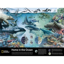 Load image into Gallery viewer, The puzzle image, mostly blue with various species of ocean animals from different ocean habitats, including orcas, penguins, sharks, manatees, alligators, seastars, and more.
