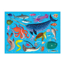 Load image into Gallery viewer, Completed puzzle with sea lion, narwhal, octopus, sea turtle and various other sea animals against blue ocean background. 
