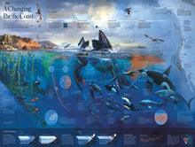 Load image into Gallery viewer, Puzzle image of a dark blue ocean scene with some above-water rocky seashore and sky.  There are many animals pictured in the ocean with scientific graphs.
