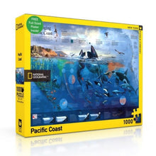 Load image into Gallery viewer, &quot;Pacific Coast&quot; puzzle box with banana yellow border and National Geographic logo, dark blue ocean scene with various marine mammals, birds, fish, invertebrates, and geological images of the pacific coast coastline.
