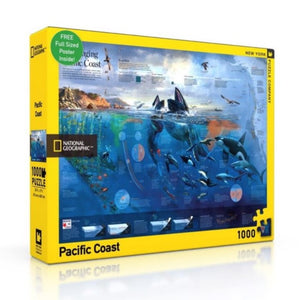 "Pacific Coast" puzzle box with banana yellow border and National Geographic logo, dark blue ocean scene with various marine mammals, birds, fish, invertebrates, and geological images of the pacific coast coastline.