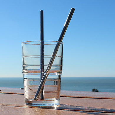 Two metal straws in a glass of clear liquid, presumably water, in front of an ocean background.