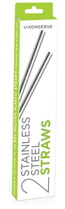 A thin white box with green accents, depicting 2 metal straws, and the words, "2 Stainless Steel Straws" with the brand name U-KONSERVE visible.