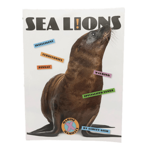 Paperback book cover with title "SEA LIONS" and sea lion pup image.