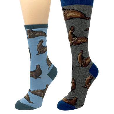 socks with elephant seal design, shown on foot mannequin in two sizes