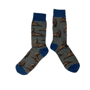 grey socks with brown elephant seal pattern and dark blue cuff, heal and toe