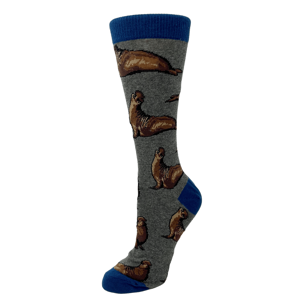 Grey elephant seal socks on foot mannequin