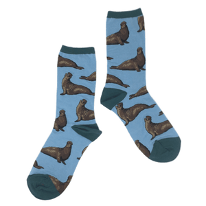 Sky blue socks with brown elephant seal pattern and teal cuff, heel and toe