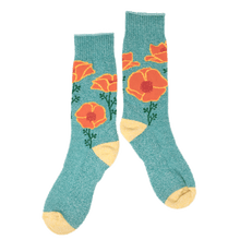 Load image into Gallery viewer, bright teal/turquoise knit crew socks with orange California poppies design and light yellow toe and heel patches
