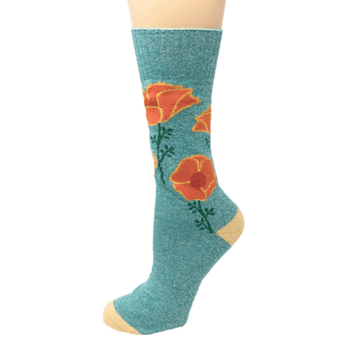 bright teal/turquoise knit crew socks with orange California poppies design and light yellow toe and heel patches