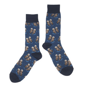 Navy blue socks with sea otter pattern and darker blue cuff, heel and toe