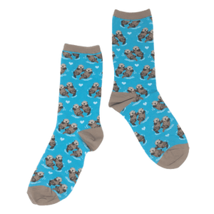 Turquoise blue socks with sea otter and hearts pattern, with light brown cuff, heel and toe