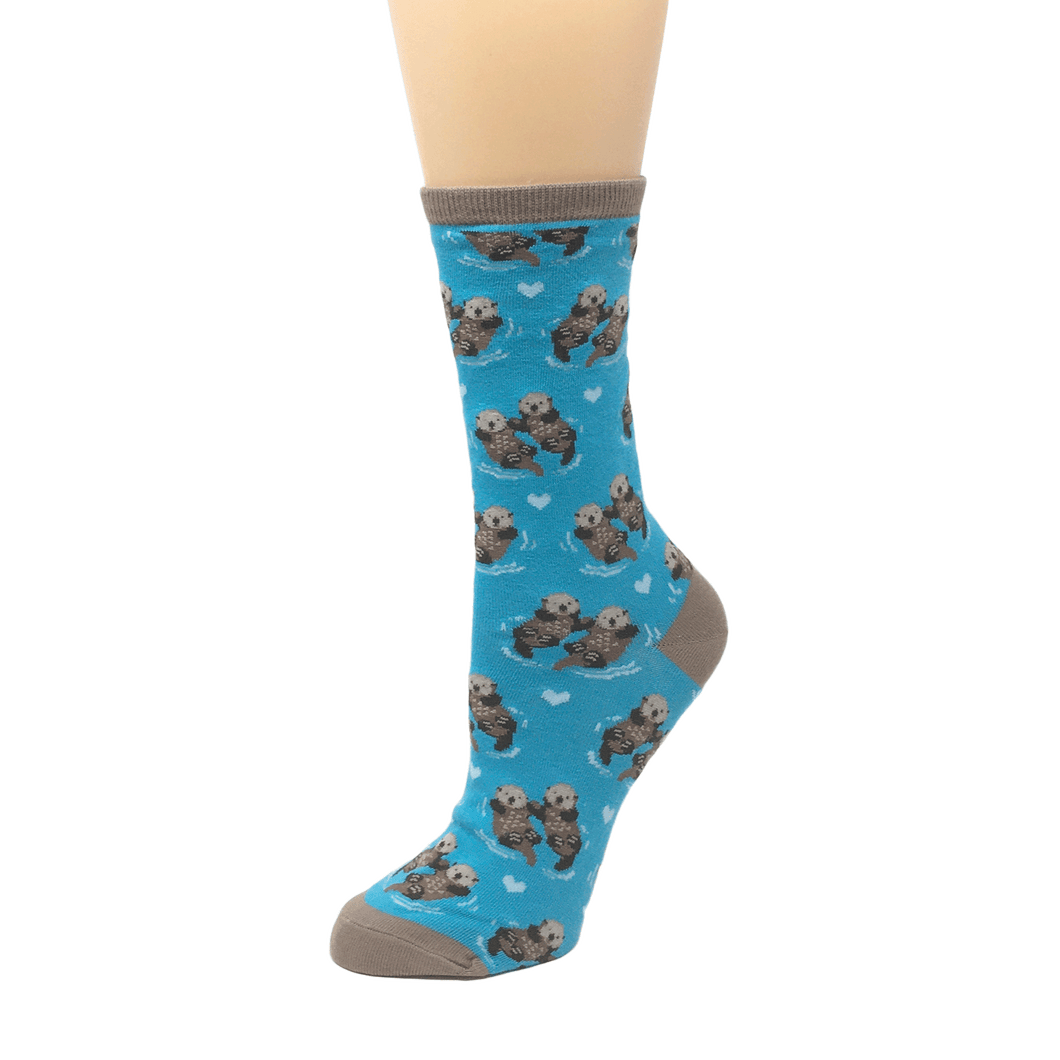 Turquoise blue sock with sea otter and hearts pattern, with light brown cuff, heel and toe