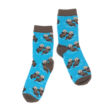 Load image into Gallery viewer, Blue socks with sea otter print, with brown cuff, heel and toe
