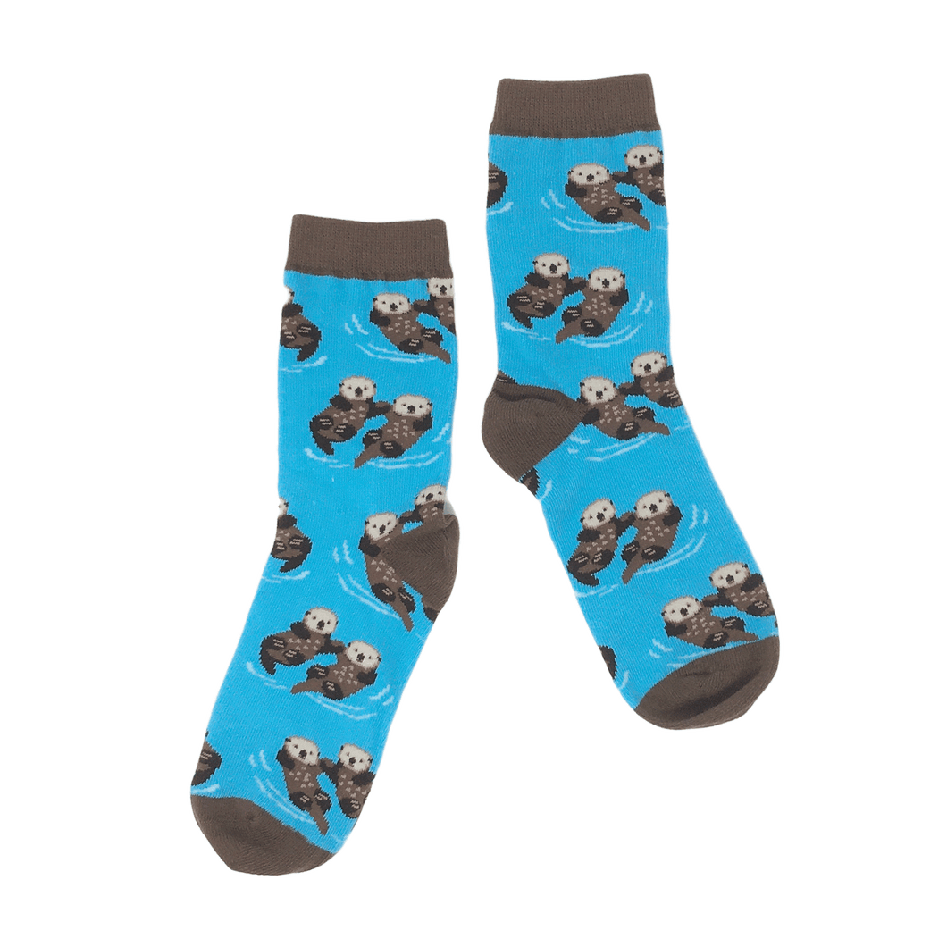 Blue socks with sea otter print, with brown cuff, heel and toe