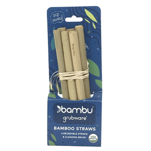 6 tan/green bamboo straws in blue and green paper packaging. Text on packaging reads "bambu grubware" "BAMBOO STRAWS" "6 REUSEABLE STRAWS & CLEANING BRUSH" "USDA ORGANIC"