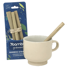 Load image into Gallery viewer, Straws in packaging next to single straw in tan mug.
