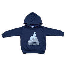 Load image into Gallery viewer, Toddler hooded sweatshirt in navy with an image of a sea lion on a rock and the words &quot;The Marine Mammal Center&quot;.
