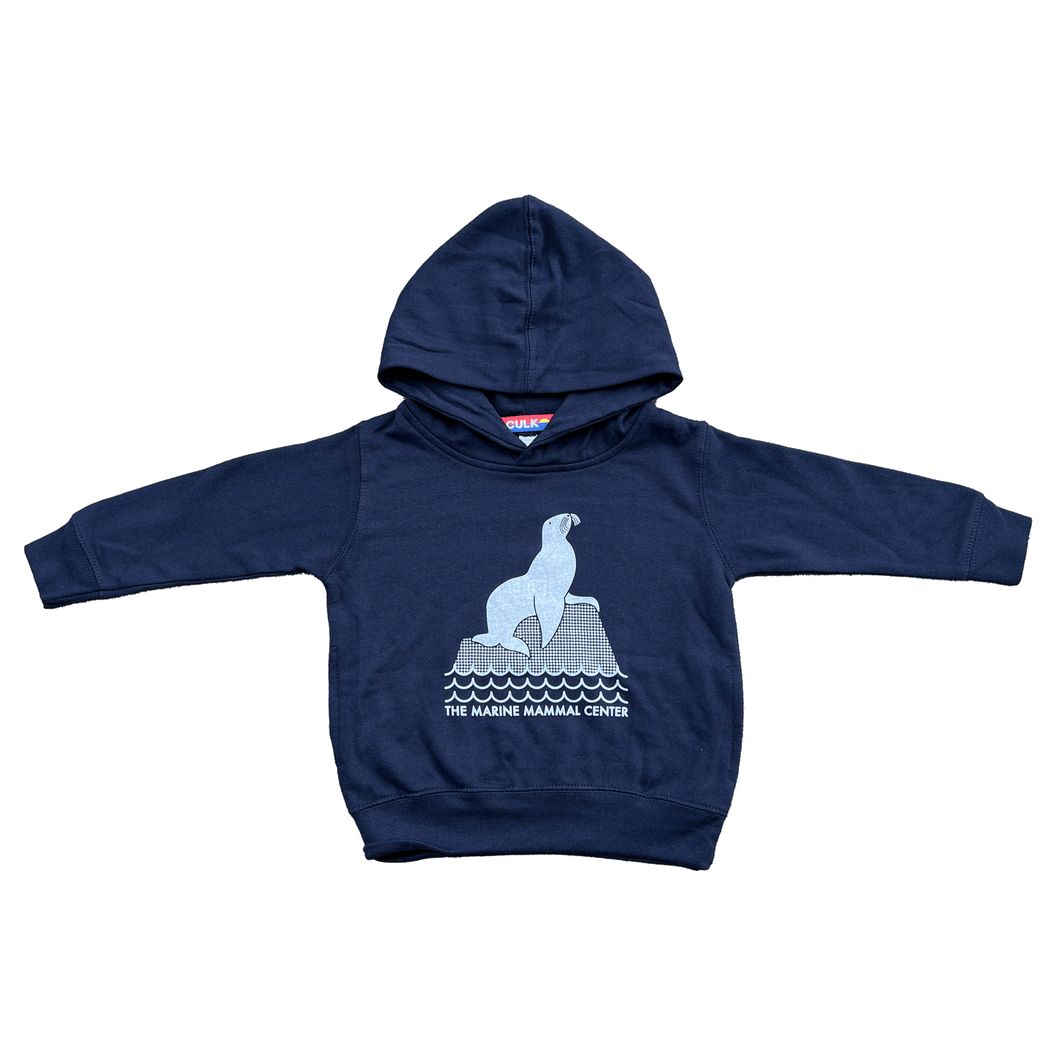 Toddler hooded sweatshirt in navy with an image of a sea lion on a rock and the words 