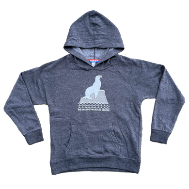 Youth hooded sweatshirt in dark grey with an image of a sea lion on a rock and the words 