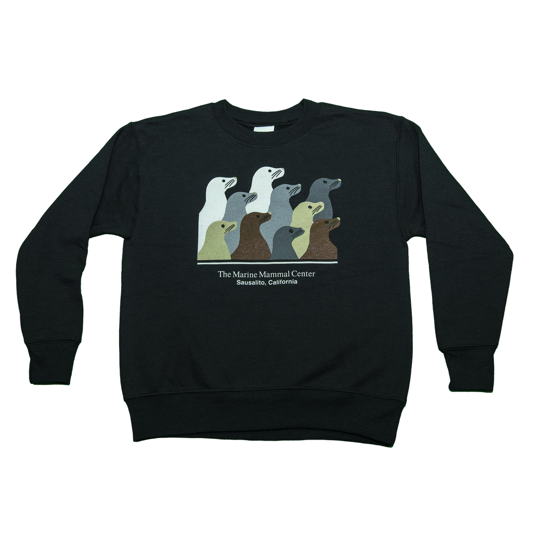 Black crew-neck sweatshirt featuring design with 10 sea lion profiles in white, gray, tan, and brown on front. Text 