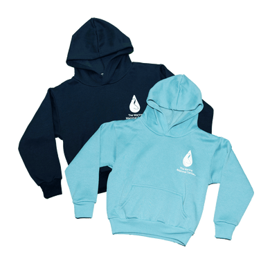 Two hoodies, navy blue and turquoise in color, with the white TMMC logo on the upper left chest.